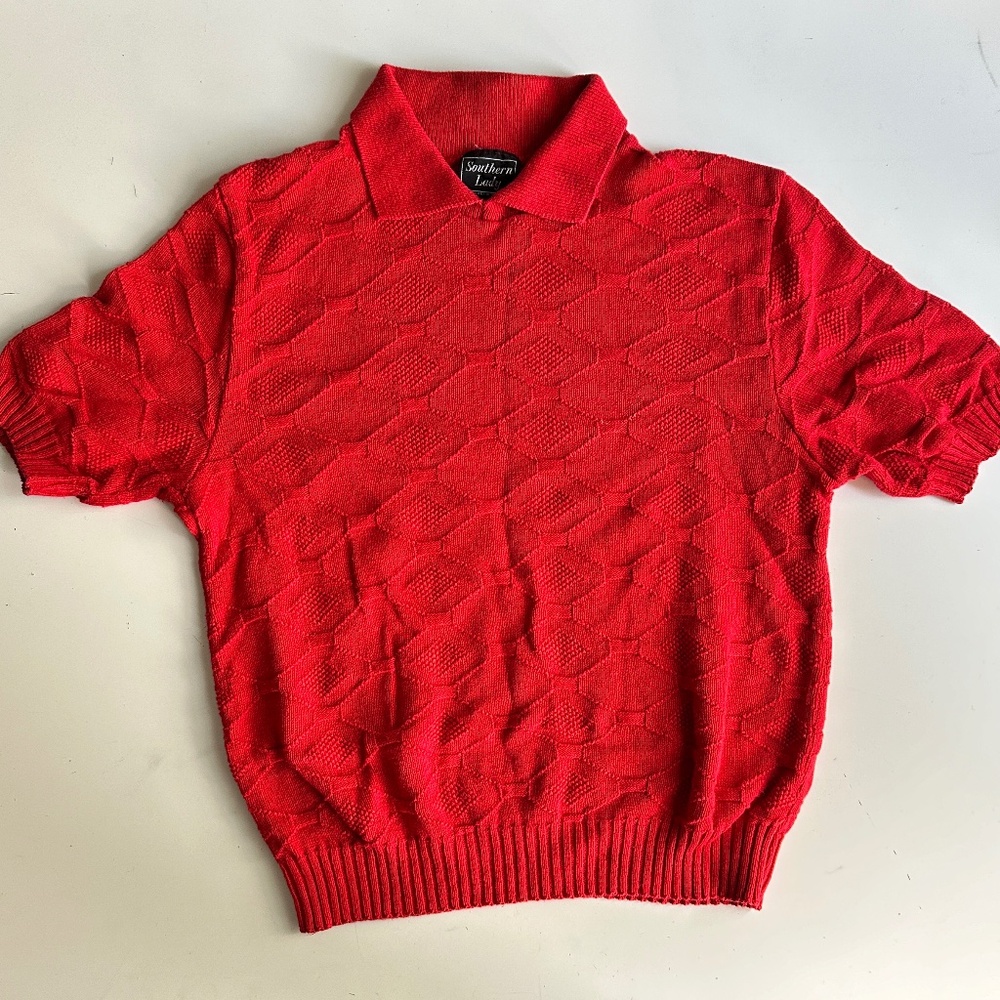 Vintage Southern Lady Chevron Pattern Knit Short sleeve Polo collared sweater